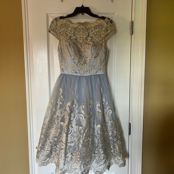 Chi Chi London Lace Overlay Midi Dress in Blue and Cream - Picture 1 of 8